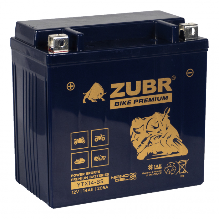 Мотоаккумулятор Zubr Bike Premium Nano Gel - 14 А/ч 205 А (YTX14-BS) [+-]