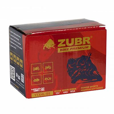 Мотоаккумулятор Zubr Bike Premium Nano Gel - 4 А/ч 60 А (YTX4L-BS) YT4L-BS [-+]
