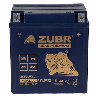 Мотоаккумулятор Zubr Bike Premium Nano Gel - 30 А/ч 360 А (YB30L-BS) [-+]