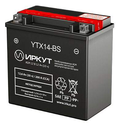 Мотоаккумулятор YTX14-BS Иркут - 12 А/ч 200 A [+ -]