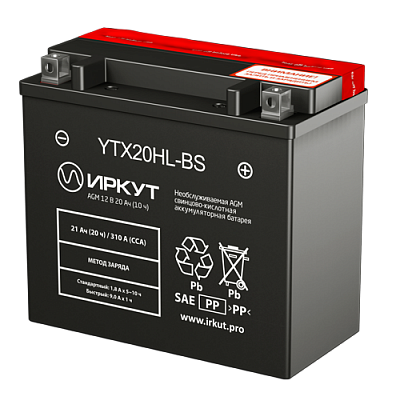 Мотоаккумулятор YTX20HL-BS Иркут - 20 А/ч 310 A [- +]