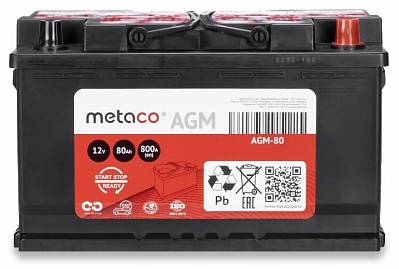 Аккумулятор Start-Stop автомобильный Metaco AGM - 80 А/ч [-+] увеличенная гарантия 3 года!