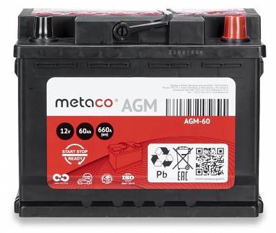 Аккумулятор Start-Stop автомобильный Metaco AGM - 60 А/ч [-+] увеличенная гарантия 3 года!