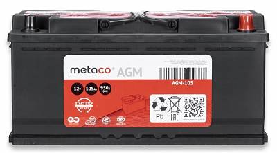 Аккумулятор Start-Stop автомобильный Metaco AGM - 105 А/ч [-+] увеличенная гарантия 3 года!