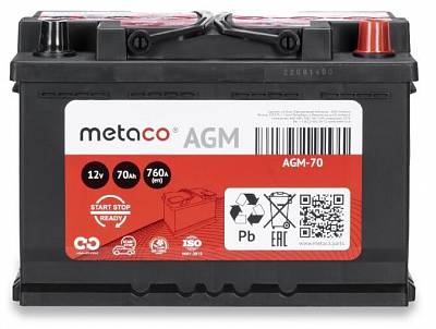 Аккумулятор Start-Stop автомобильный Metaco AGM - 70 А/ч [-+] увеличенная гарантия 3 года!