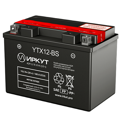 Мотоаккумулятор YTX12-BS Иркут - 10 А/ч 185 A [+ -]