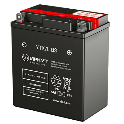 Мотоаккумулятор YTX7L-BS Иркут - 6 А/ч 90 A [- +]