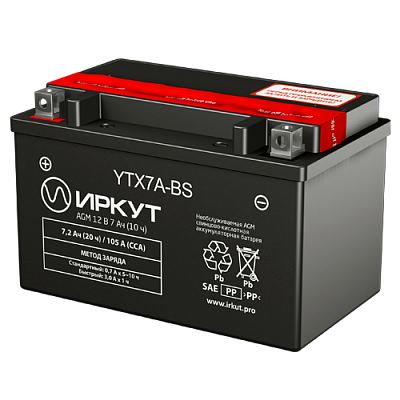 Мотоаккумулятор YTX7A-BS Иркут - 7 А/ч 105 A [+ -]